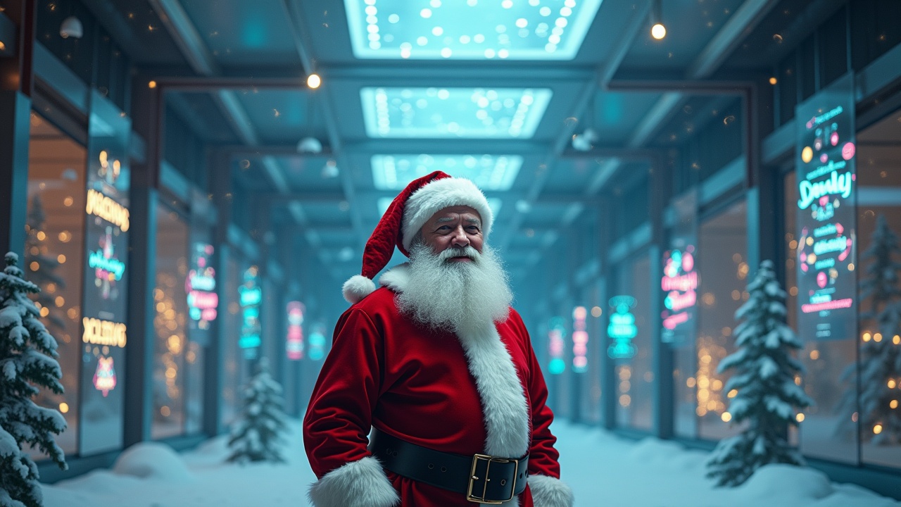 Cinematic image of Santa Claus in a futuristic room. Santa looks up at the ceiling. There are holographic designs and glowing models around him. Visible openings show woods and a clear sky above. The scene evokes a festive atmosphere with holiday greetings.