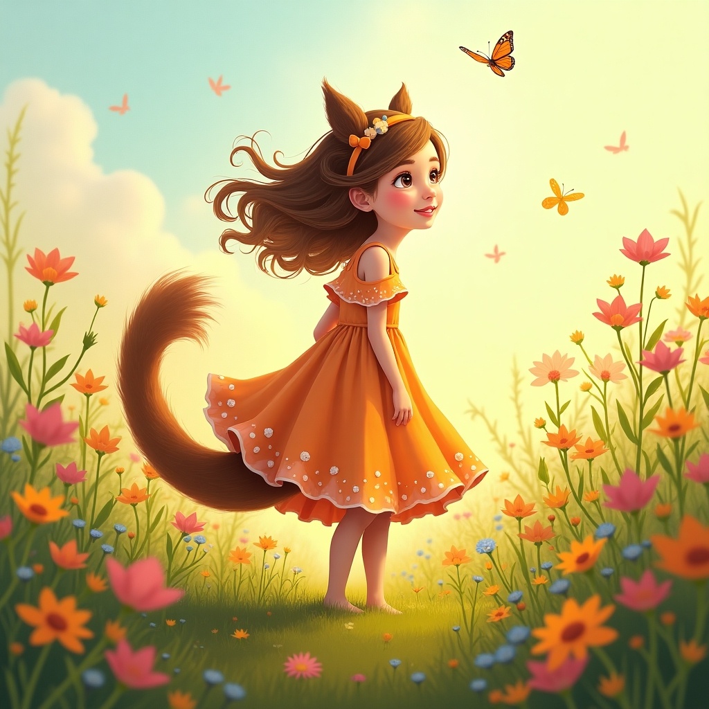 A girl stands in a field of flowers. She has a touchable tail. The scene is peaceful and enchanting. Butterflies flutter around. The colors are bright and inviting.