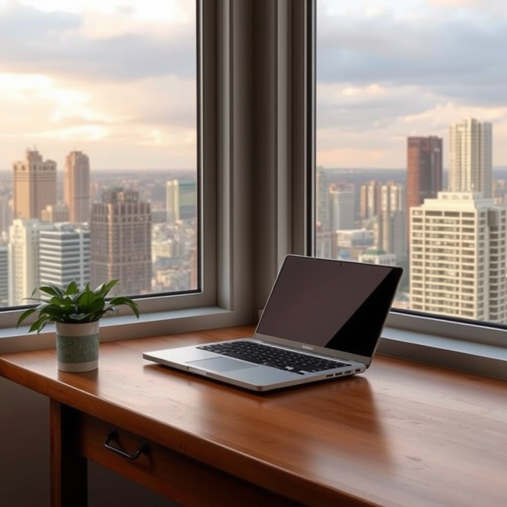 A laptop and a plant sit on a wooden desk by a window overlooking a city skyline.