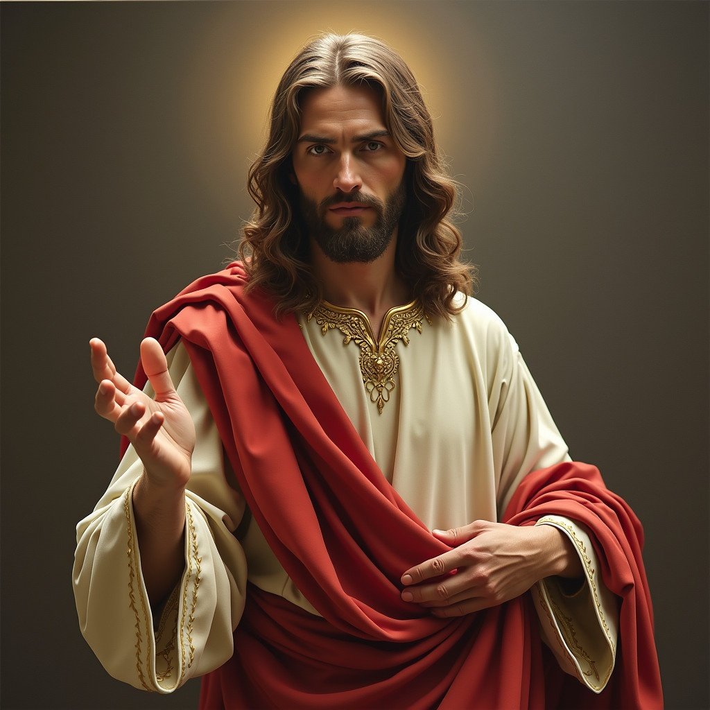 Image of Jesus. The figure wears a red robe and gestures with hands. There is a divine light around the head.