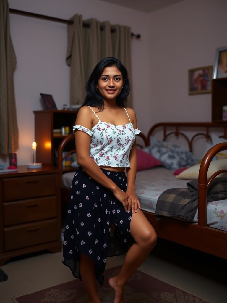 A person standing in a cozy bedroom, wearing floral attire, with a candle lit on the nightstand.