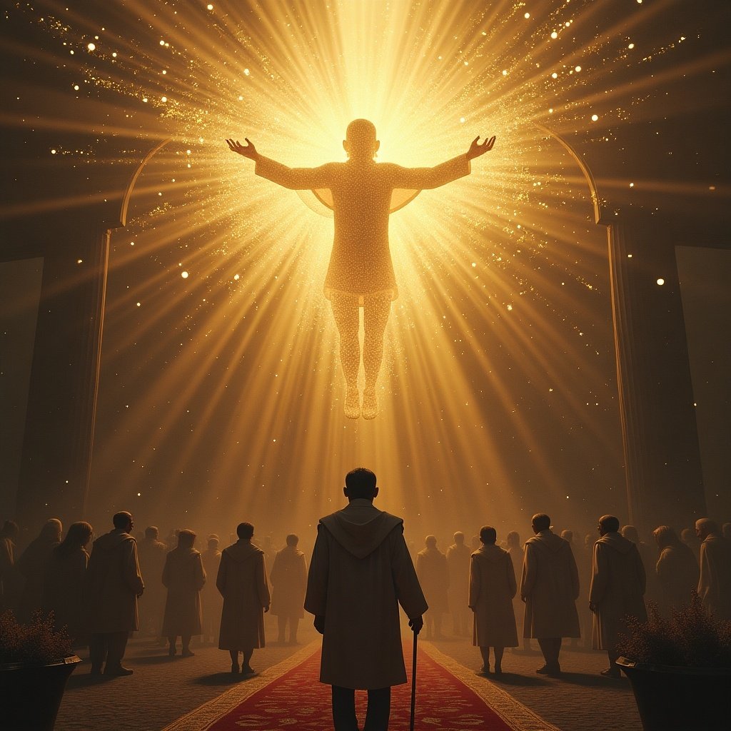 A heavenly figure bathed in bright golden light. People gathered below observing in awe. Radiant atmosphere. Feelings of spirituality and reverence.