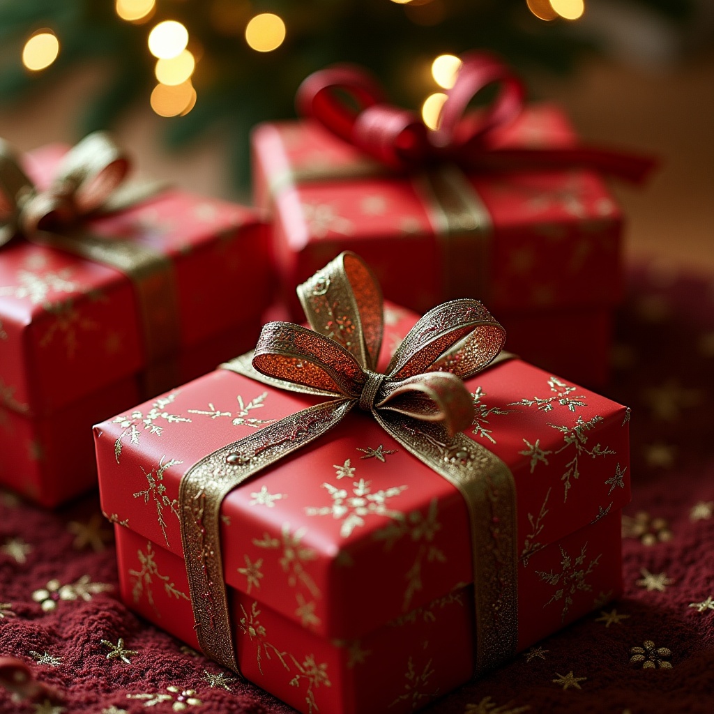 The image showcases a few beautifully wrapped Christmas presents. The presents are predominantly red with intricate patterns and elegant gold ribbons. There is a warm, festive atmosphere enhanced by softly blurred lights in the background. Each box is lovingly decorated, adding to the holiday spirit. The focus on these gifts evokes feelings of joy and anticipation, ideal for the festive season.