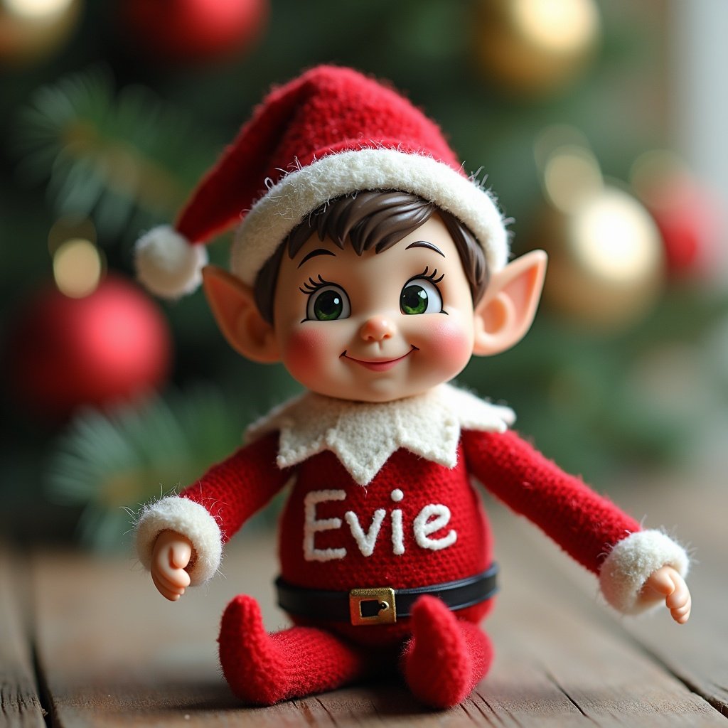 The image features a charming Christmas elf named Evie, dressed in a red sweater and Santa hat. She is seated, with a bright smile, showcasing festive cheer. In the background, a beautifully adorned Christmas tree adds to the holiday spirit. This scene evokes feelings of joy and warmth associated with Christmas. The elf is positioned in a playful manner, making her an appealing decoration for the holiday season.