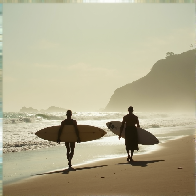 Two people walk along the beach holding surfboards with a hazy sunset in the background.