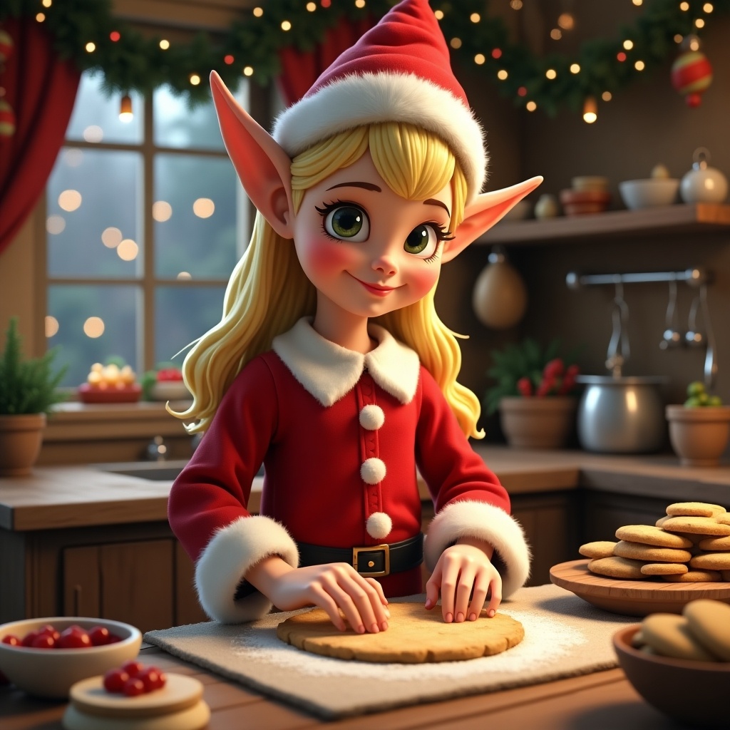 An elf making cookies in a kitchen decorated for Christmas. The elf wears a red outfit with white accents and stands at a counter covered in cookies and holiday treats. The kitchen has festive decorations and a warm atmosphere.