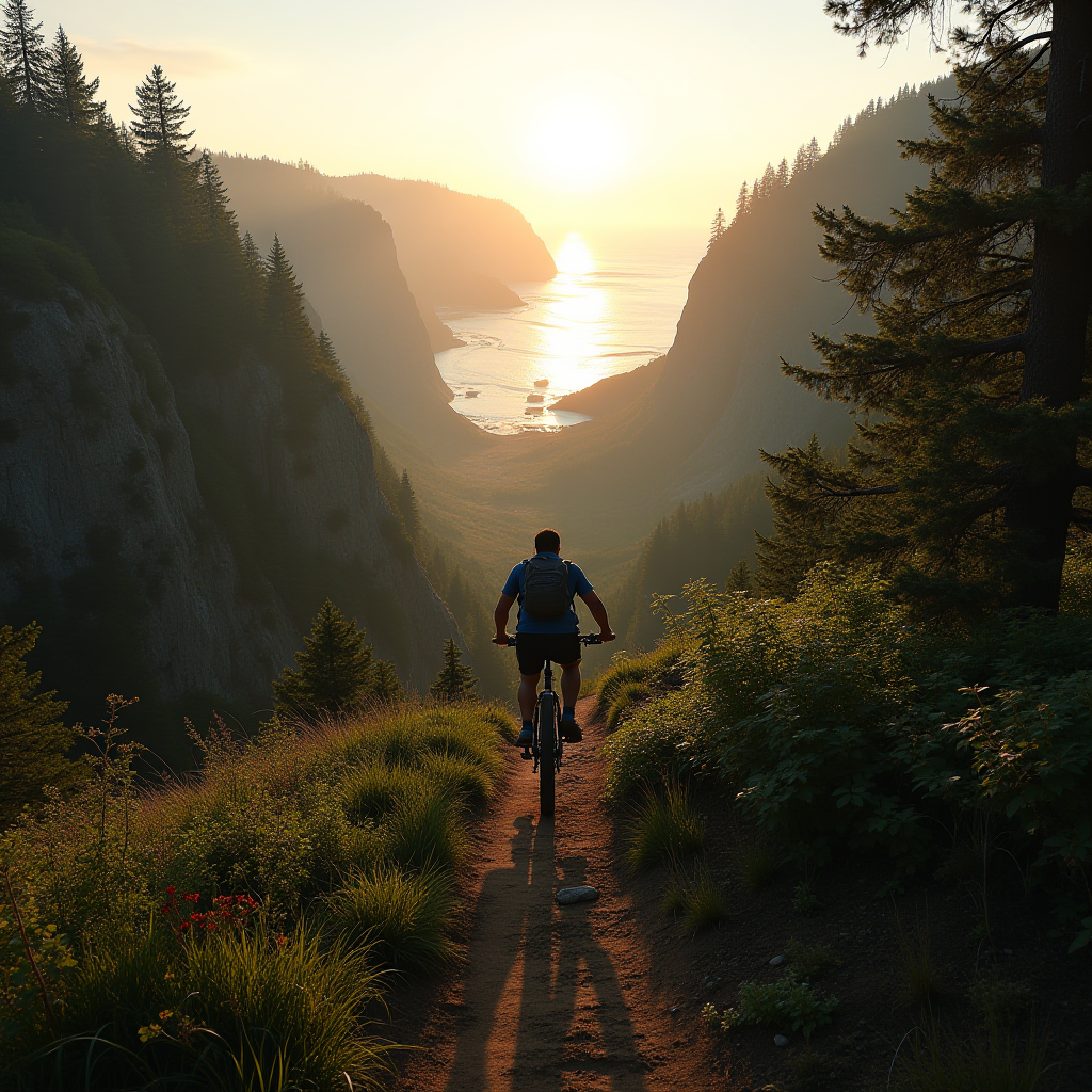 A person on a mountain bike rides down a trail towards a valley with a beautiful sunset over the sea.