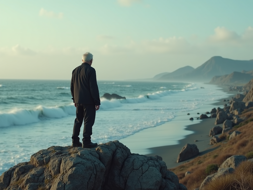 An elderly man stands on a rock, gazing at the ocean waves and distant mountains under a clear sky.