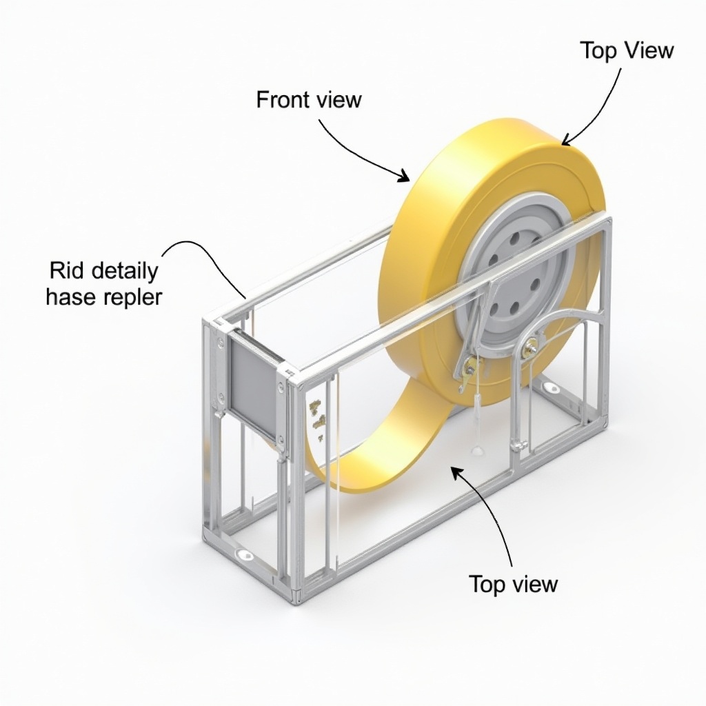 Orthographic projections of a cello tape dispenser shown in front view and top view. Includes details of the right and left-hand sides. Features a yellow tape roll.