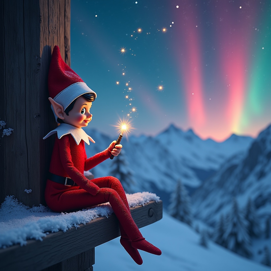 A traditional red elf on the shelf sits in the snowy mountains of the North Pole. The elf is holding a magic wand, writing the name 'Lucca' with glowing sparkles in the night sky. Surrounding the elf are vibrant northern lights in shades of red, cerulean, and purple. The atmosphere is enchanting, evoking the spirit of Christmas. Snow blankets the landscape, adding to the magical winter setting.