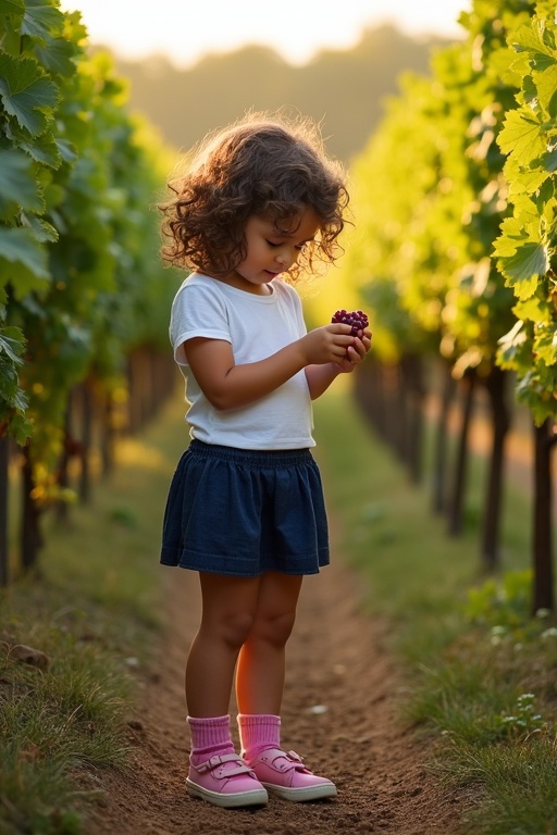 A girl explores grapes in a vineyard. A white top and dark blue skirt are worn with pink socks and shoes. Curly hair frames her face as she inspects grapes. Late summer sun casts glow over vines. DSLPhotography captures rural moment.