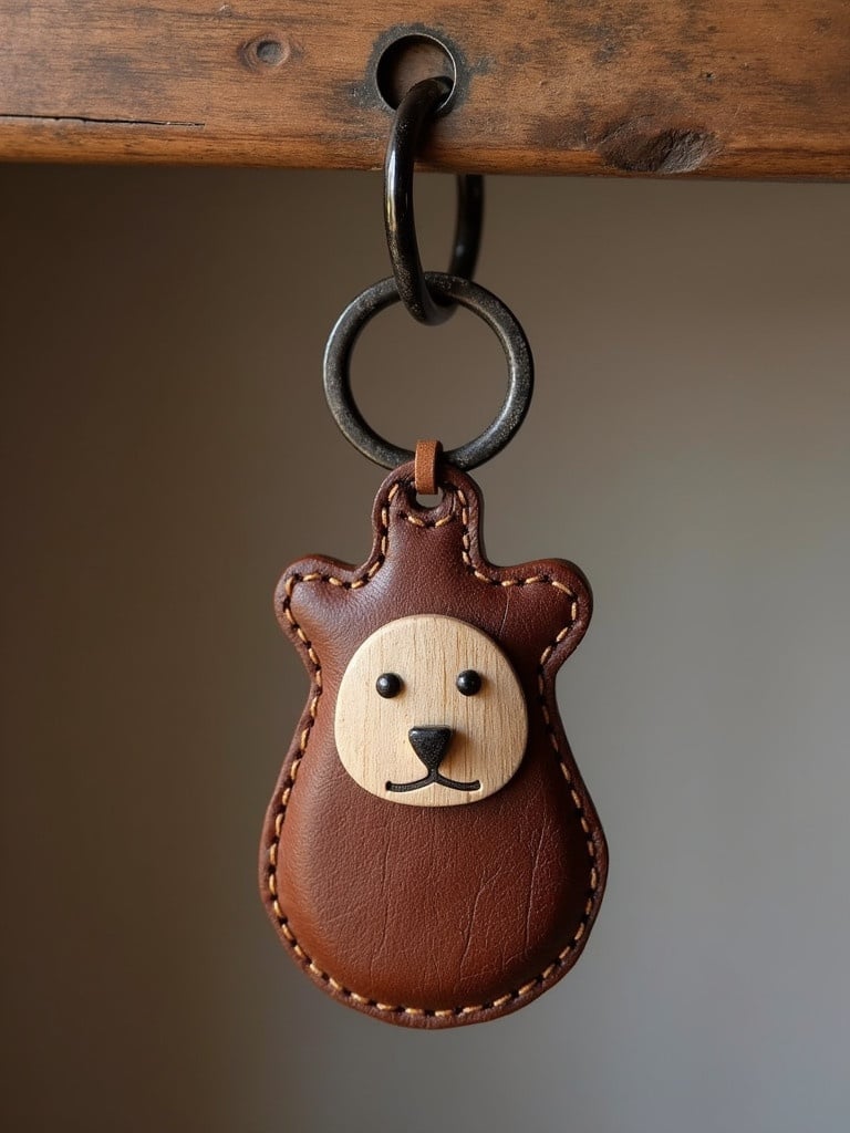 Bear-shaped keychain made of leather. Face made of wood. Simple and cute design. Hanging on a ring. Appears handcrafted and stylish.