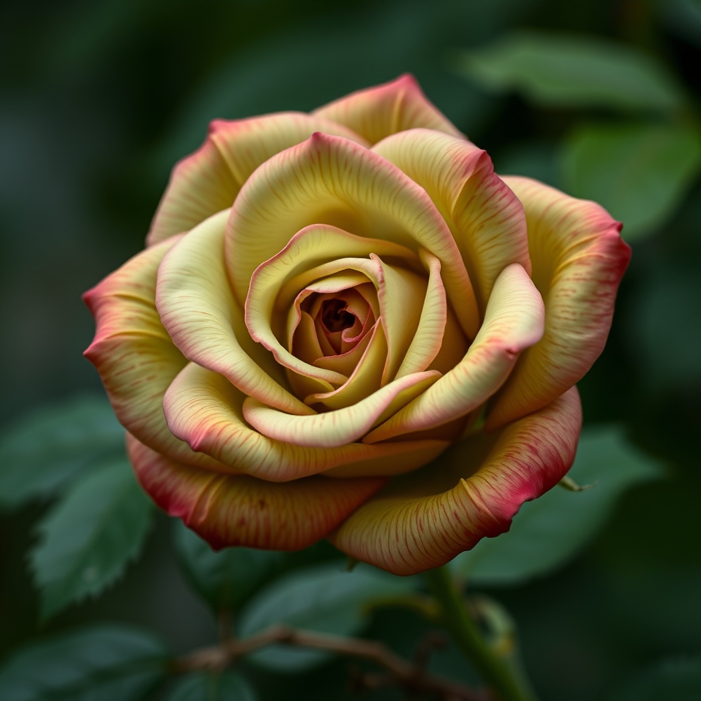 A close-up of a yellow rose with red-tipped petals against a green blurred background.