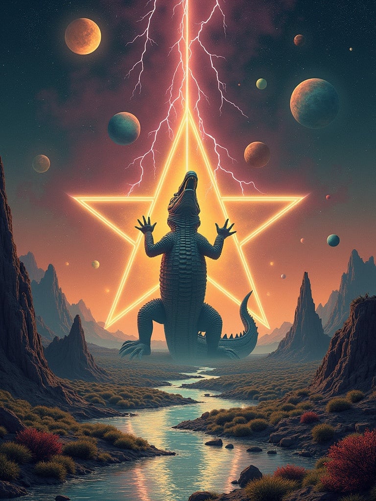 Surreal landscape artwork featuring a gigantic glowing gator. Gator positioned within a pentagonal star symbol. Lightning bolts shoot from the star. Background filled with planets and moons. Cosmic atmosphere over a river in alien terrain.