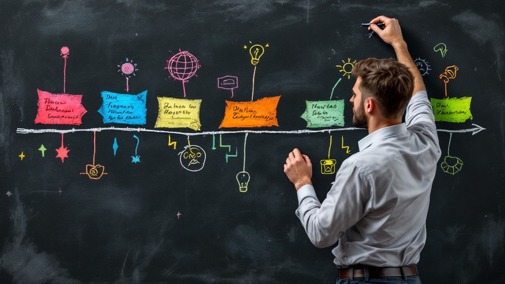 A writer is actively drawing a colorful timeline on a blackboard, illustrating the various stages of novel writing. The timeline features notes and icons depicting different elements of the writing process. The scene is vibrant, with bright colors against the black background. The writer appears concentrated and engaged in their work. This visual serves both as an educational tool and an inspiration for aspiring writers.