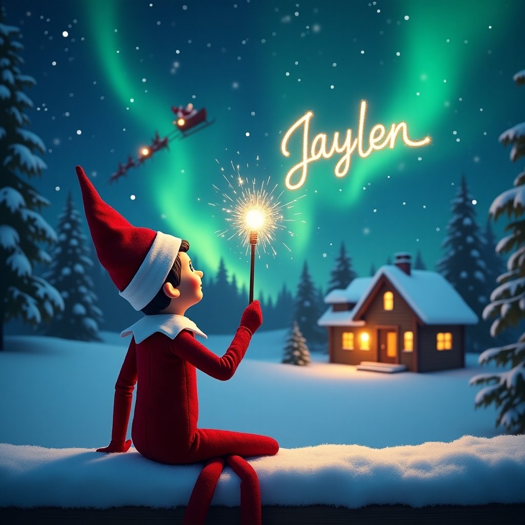 Enchanting scene features an elf on the shelf on a snowy ledge. The elf gazes at a night sky filled with stars and northern lights. He holds a wand writing 'Jaylen' in the air. Behind him, a cozy cabin glows warmly. Santa and his sleigh fly across the sky. Image radiates joy of Christmas season.