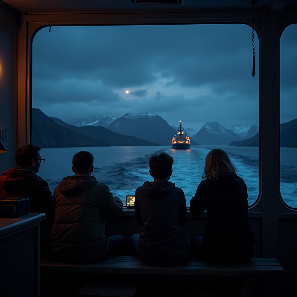 A group of people observe a serene seascape with a glowing ship in the distance and majestic mountains beyond.