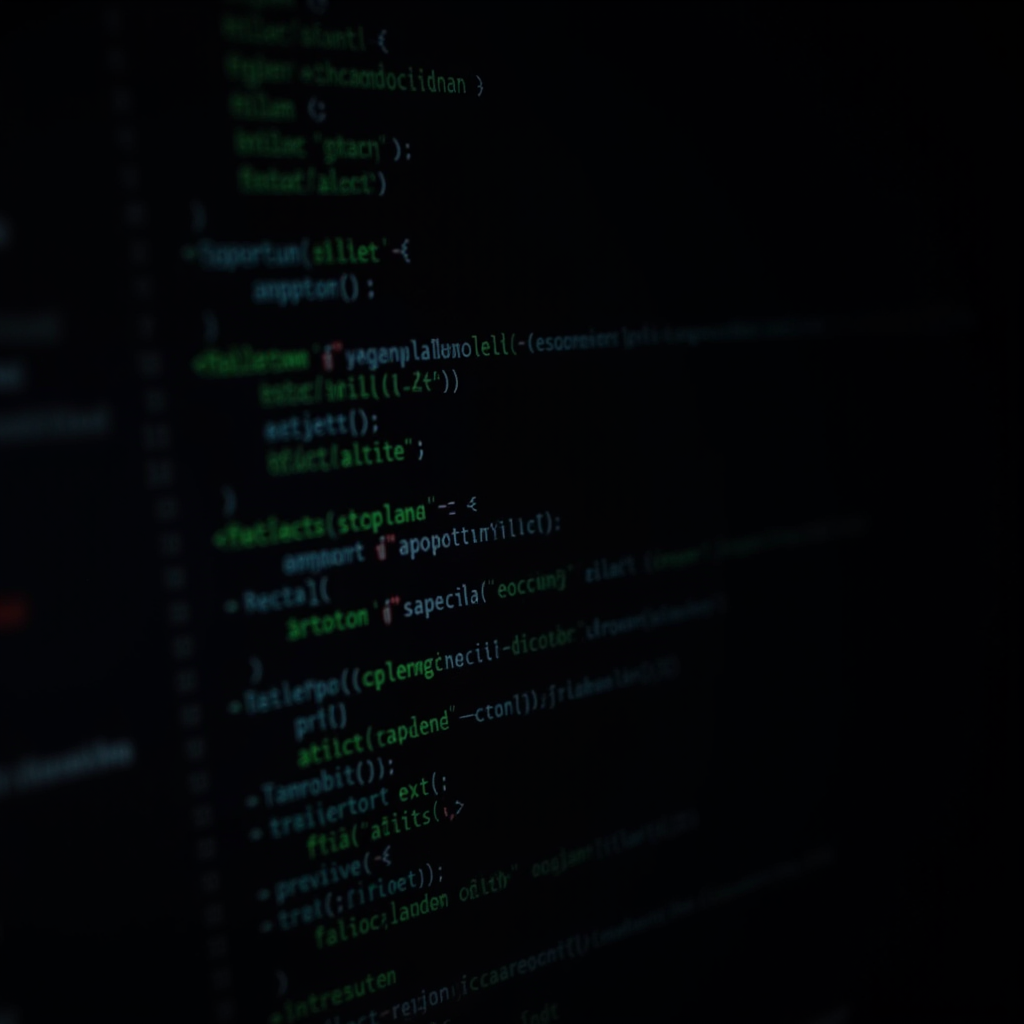 Close-up view of a dark-themed screen displaying lines of code in various colors.