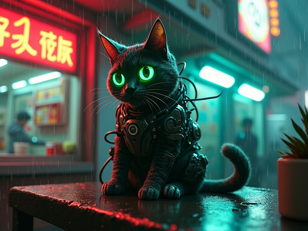 A cyberpunk cat with glowing green eyes sitting in a neon-lit alley during rain, wearing futuristic gear.