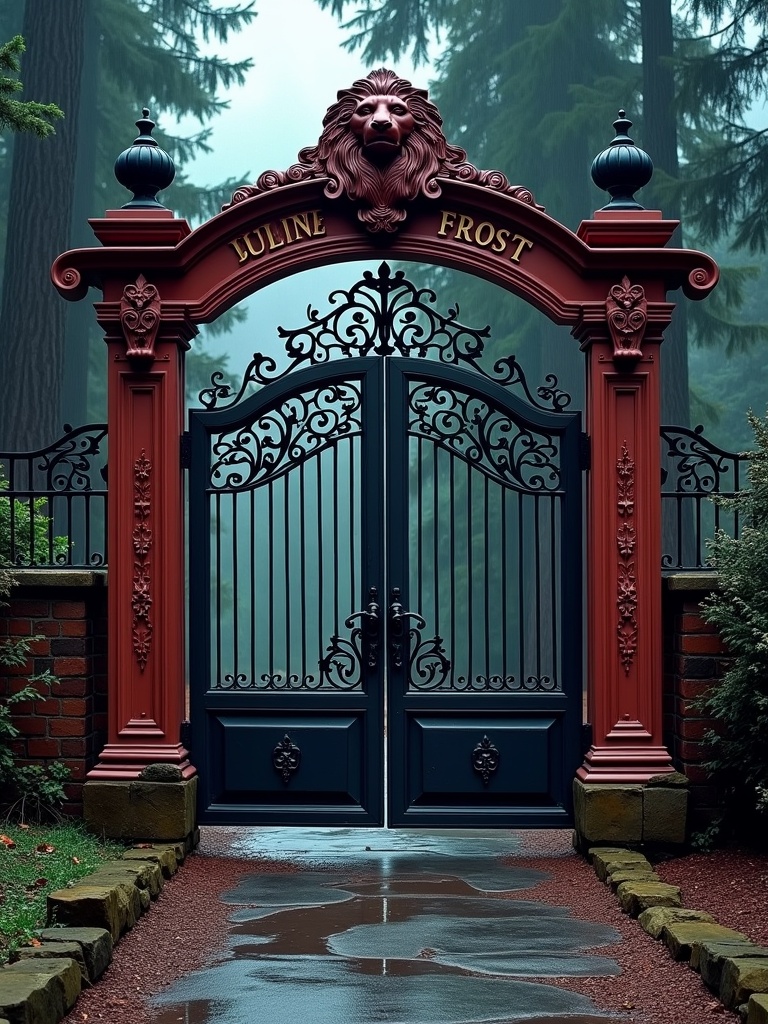 This image depicts an ornate wrought iron gate set against a misty forest background. The gate features intricate detailing and is crowned with a lion's head surrounded by maroon embellishments. The words 'Luline Frost' are elegantly inscribed at the top. The scene evokes a sense of mystery and grandeur, suggesting entry into a hidden world or estate.