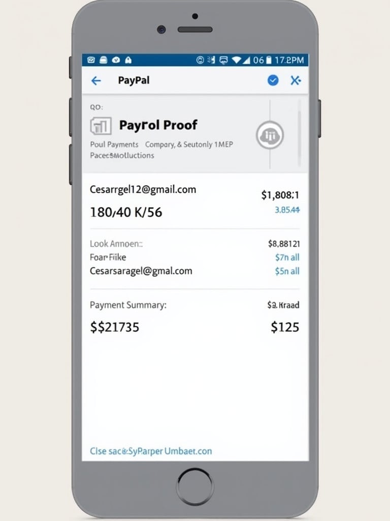 Smartphone shows PayPal payment proof. Transaction amount displayed is twenty-five dollars. Account details for cesarragel12@gmail.com visible. Includes payment summary and overall transaction information.