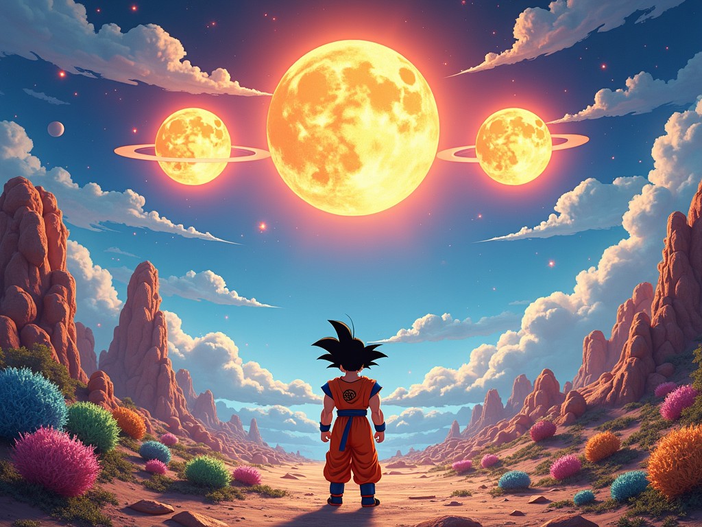 A lone warrior stands in a vibrant desert landscape, gazing at three glowing suns above. The setting is otherworldly, with rocky formations, colorful vegetation, and clouds scattered across a blue sky. The scene evokes a sense of adventure and introspection, suggesting an epic journey or quest.