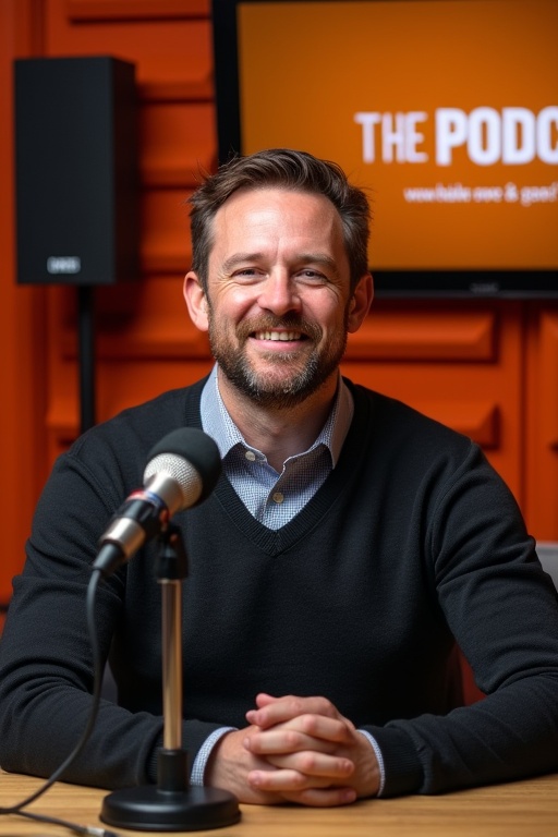 Image shows a man sitting in a podcast studio. He is dressed in a dark sweater over a collared shirt. The background has orange soundproofing panels and a screen displaying 'THE PODCAST.' A microphone is in front of him on the table. The atmosphere feels professional and inviting.