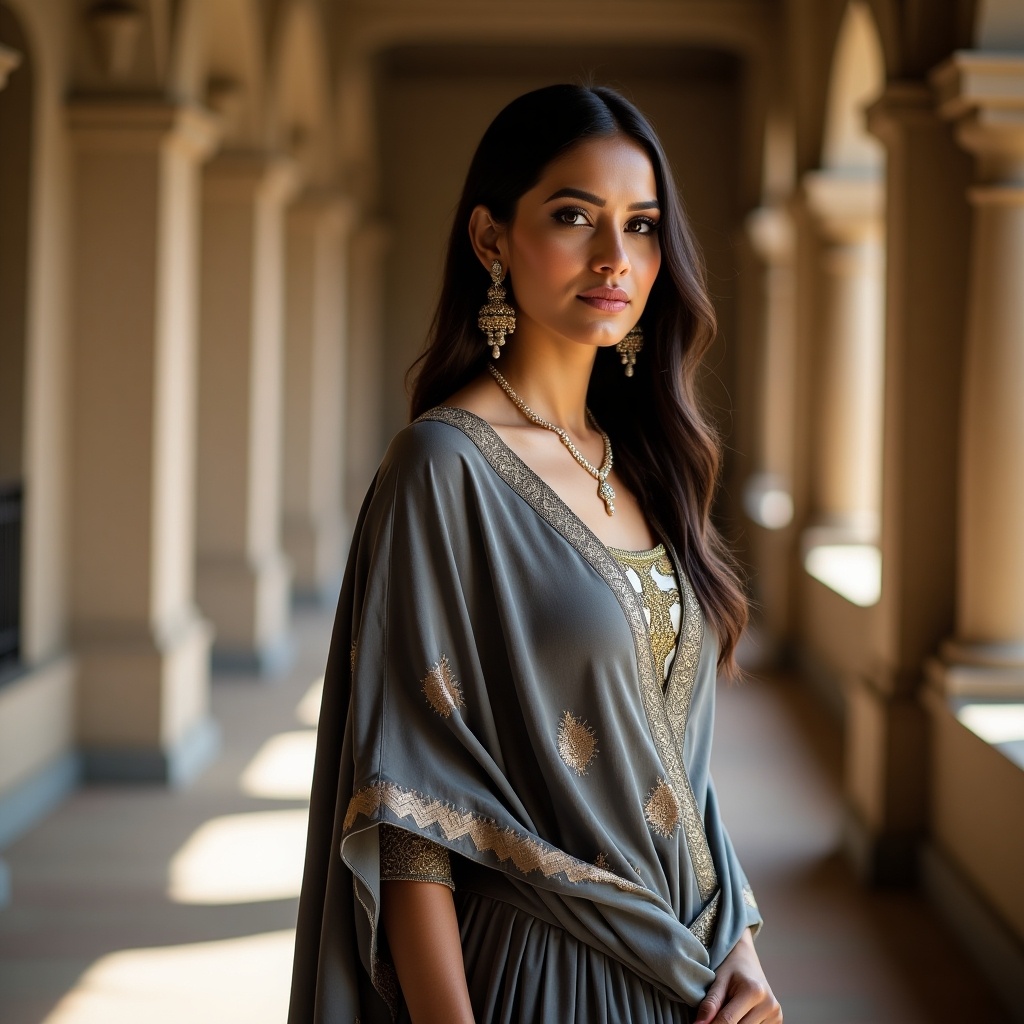 An elegant Indian woman stands in a beautifully designed cultural setting, adorned in a heavy grey shrug with zigzag golden patterns. Beneath the shrug, she wears an intricately designed blouse reminiscent of the Bridgerton style, showcasing exquisite craftsmanship. Together with a simple dark grey lehenga, her outfit exudes sophistication. She pairs her look with large earrings that add a touch of refinement to her ensemble. The natural lighting beautifully highlights the intricate details of her outfit while accentuating her confident demeanor. The overall ambiance resonates with traditional elegance, perfectly capturing the essence of Indian heritage.