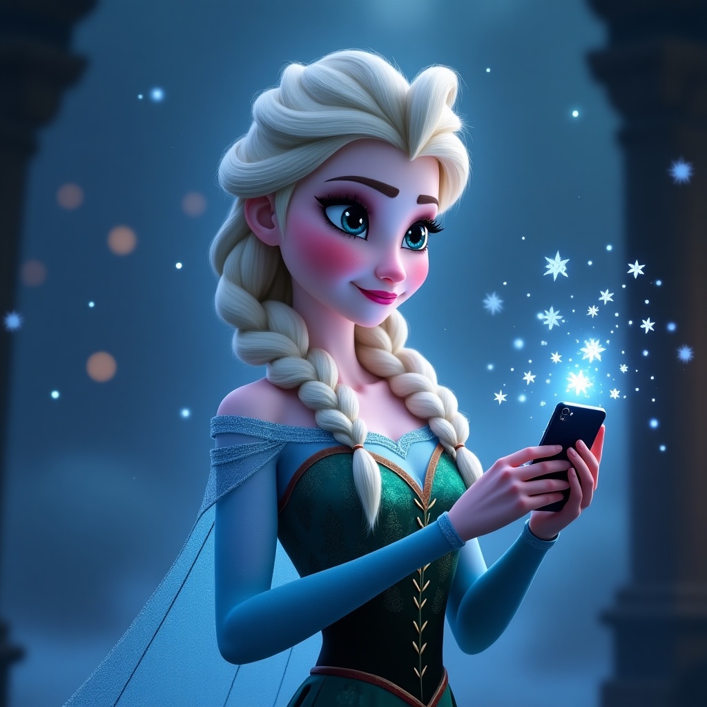 Create an image of Elsa from Disney's Frozen. She is interacting with social media on her smartphone. The setting features a subtle magical background with sparkles and soft lighting. Elsa has her signature braided hair and wears a beautiful dress. This illustration captures the blend of modern technology and fairy tale magic nicely.