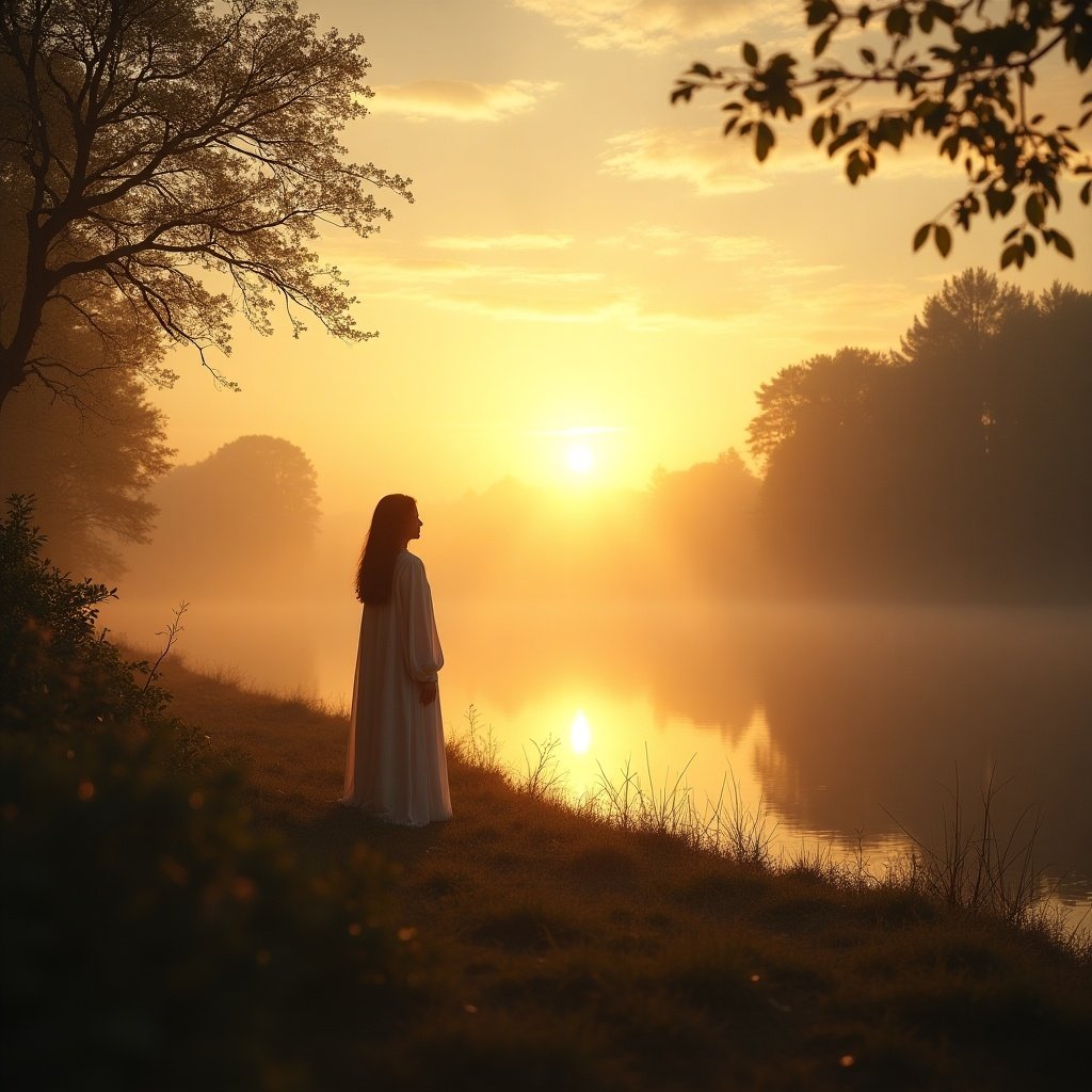 Sunrise casting a warm glow over a river. A woman stands in silhouette on the shore. Trees are visible in the background. Mist hangs over the water, creating a serene atmosphere.