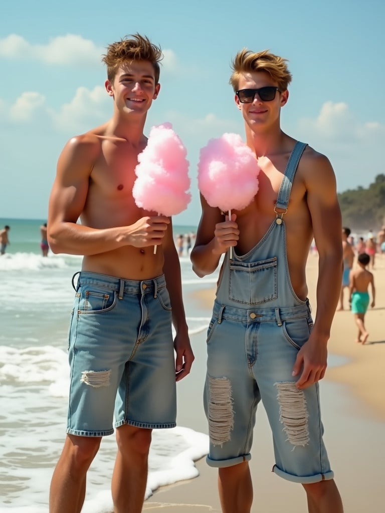 Two athletic teenage boys enjoy cotton candy at the beach. One boy wears loose low hanging jeans. The other boy wears loose overalls with one strap down. Their physique resembles trained gymnasts.