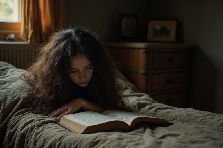 A girl with long dark brown curly hair lies on a bed. She is reading a book. The room has old and gloomy decor. Poor furnishings surround her. Warm light enters through the window and illuminates the scene.