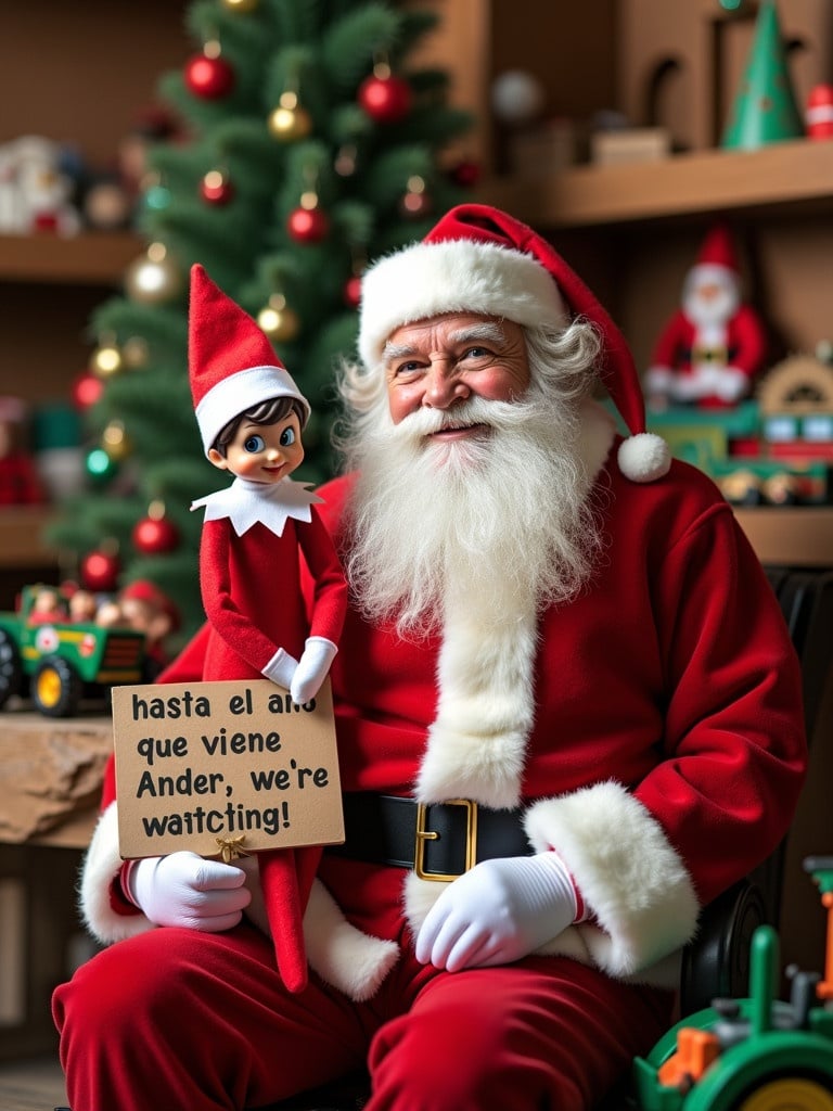 Elf on the shelf sits next to Santa Claus. Santa wears a traditional red outfit. Background has Christmas decorations. Elf dressed in red holds a sign with a message. Toy cars and tractors are visible.