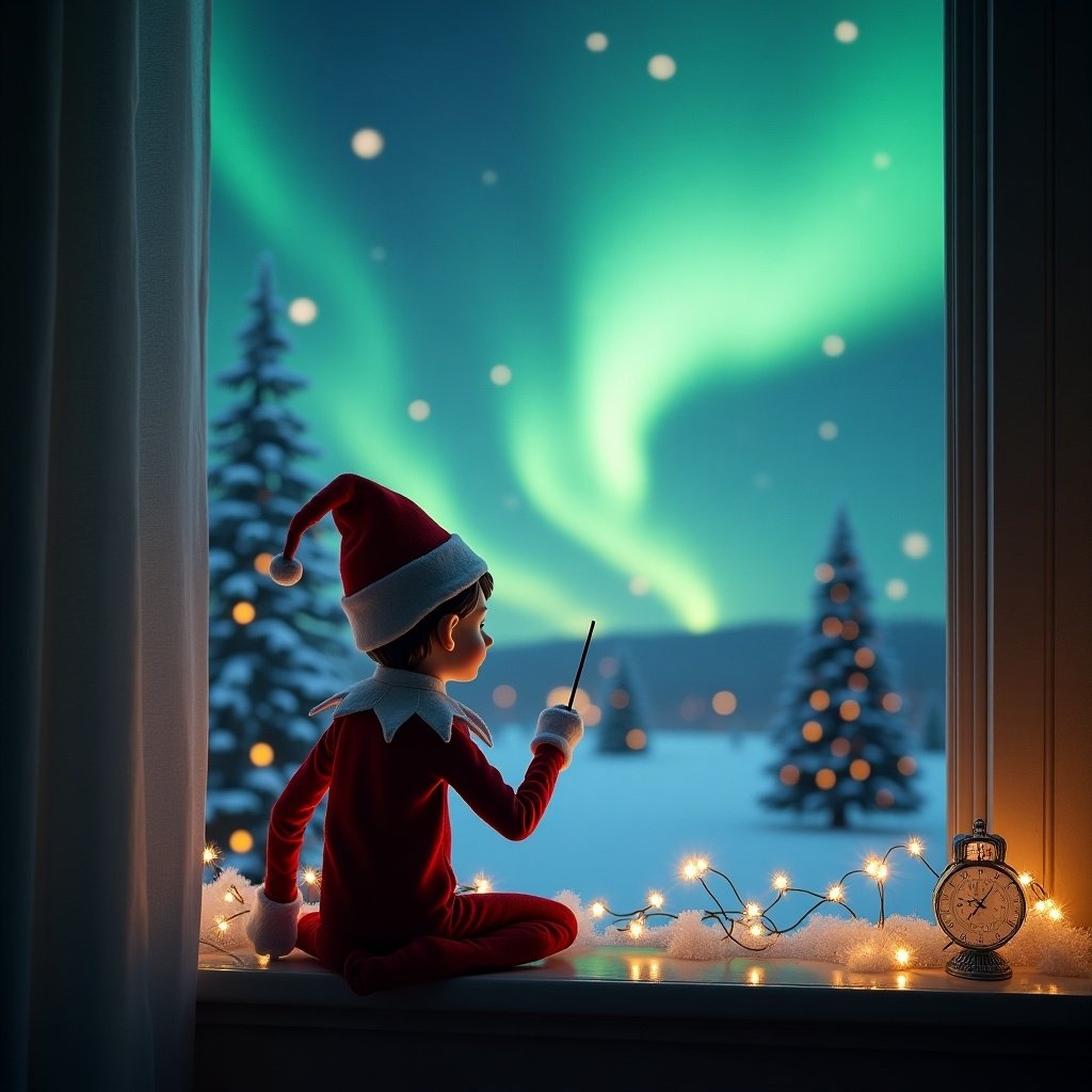 An elf on the shelf is sitting on a windowsill, facing the sky. He is using a wand to write the phrase 'Alice in the sky.' The background features a magical Christmas scene complete with vibrant northern lights and snow-covered trees. The décor includes twinkling lights around the elf. The room has a cozy atmosphere with soft lighting illuminating the elf's figure against the winter landscape.