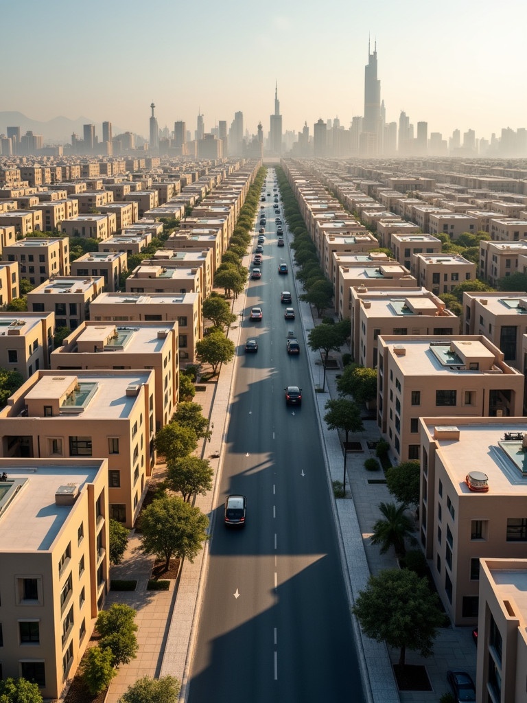 Realistic aerial view of Doha city. Residential area with houses lining a car street. Image captured from top left, looking down to the right.