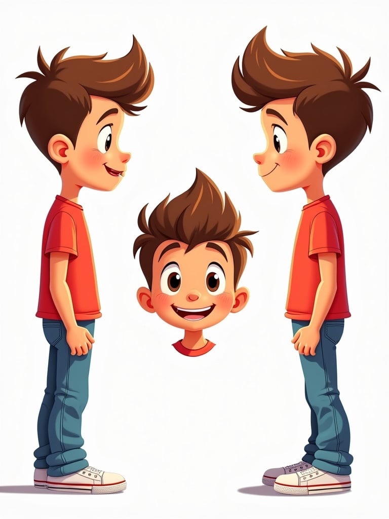 Cartoon-style illustration of a boy with spiked hair and hazel eyes. He has light tan skin. Wears a red t-shirt and blue jeans. Included are front, back, side, and three-quarter views. Emphasizes bold lines and detailed textures. A playful and energetic design.