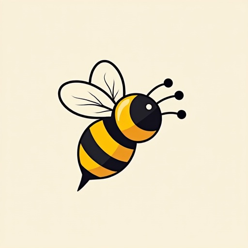 Stylized bee with black stripes and white wings. Simple and vibrant design. Suitable for logos and educational materials.