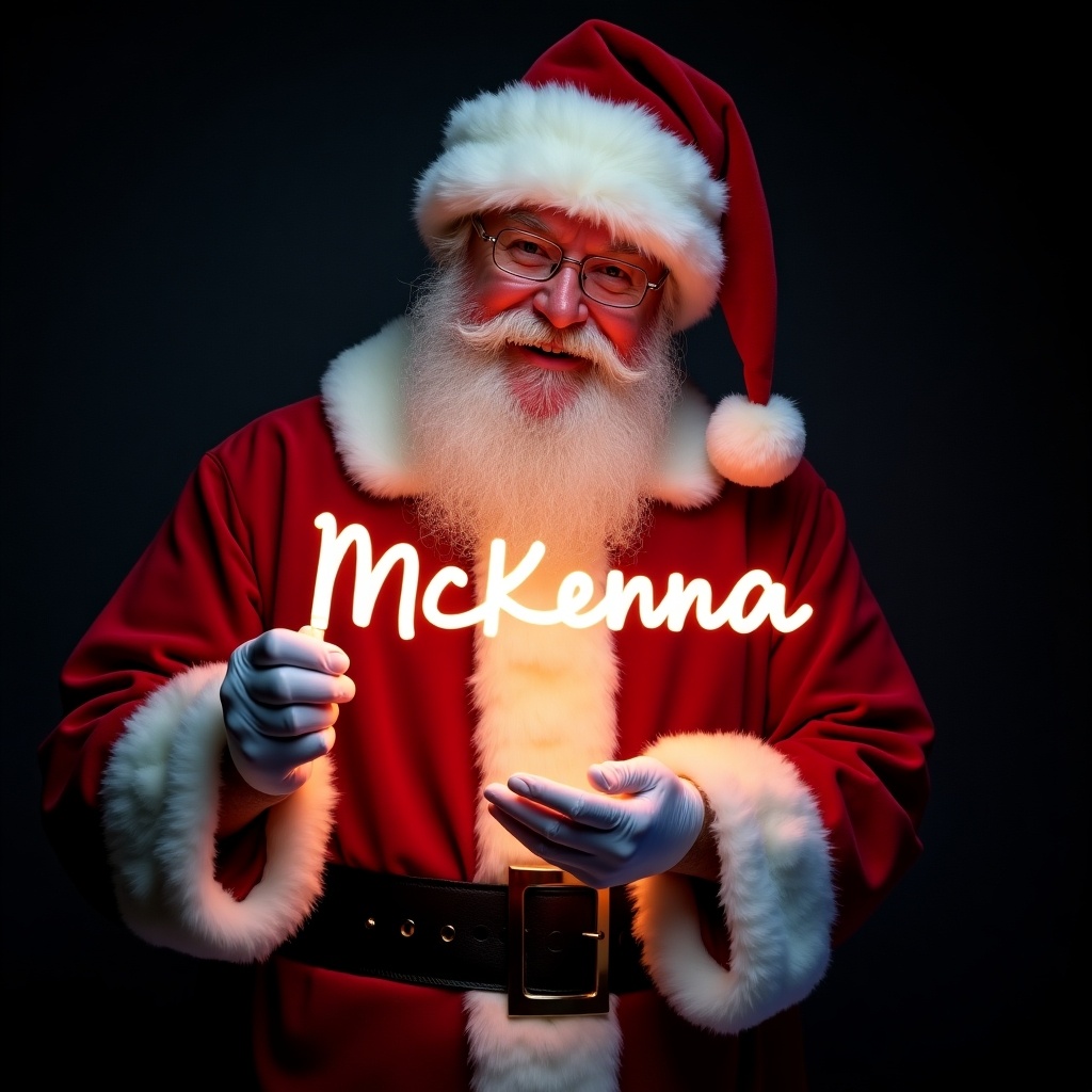 This image features Santa Claus wearing his traditional red and white suit. He is holding a glow stick that forms the name 'McKenna' in bright light. Santa's expression is jolly, exuding warmth and holiday cheer. The background is dark, enhancing the glow of the text. This festive scene captures the magic of Christmas and the joy of the season.