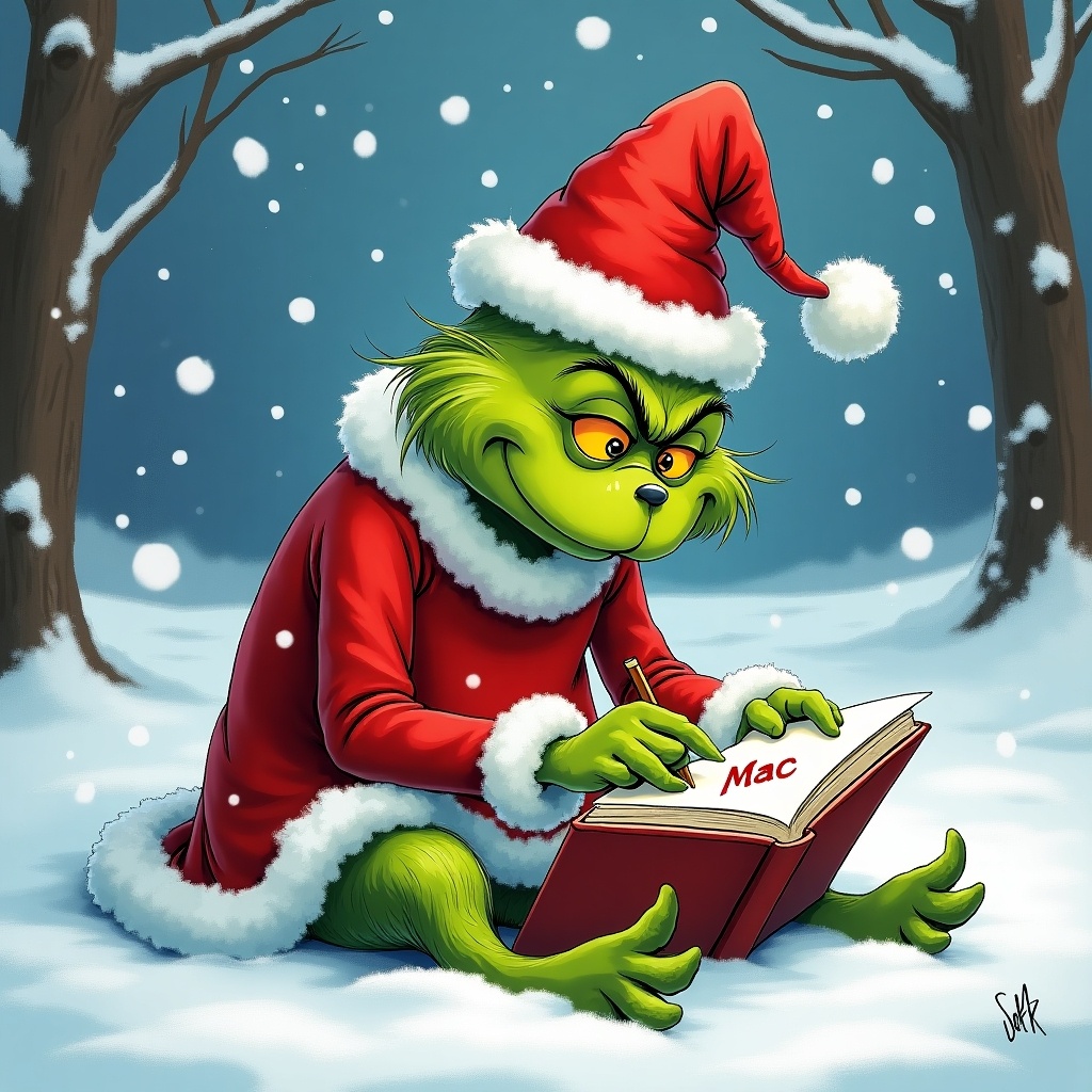 Grinch character in red Santa outfit writing name in book. Snowy scenery surrounds Grinch. Winter wonderland with falling snow. Mischievous and festive mood.