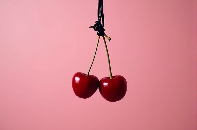 Two glossy red cherries hang against a soft pink background, suspended by intertwined wires.