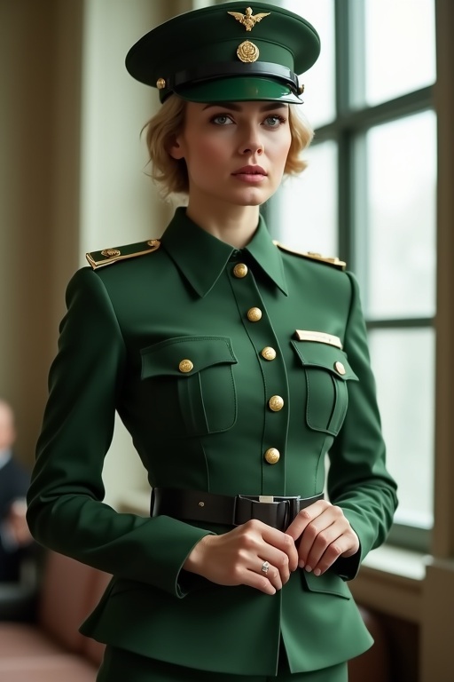 A woman stands in a green military-style uniform with a cap indoors. The setting features a window in the background. The uniform combines a sense of authority with personal style.