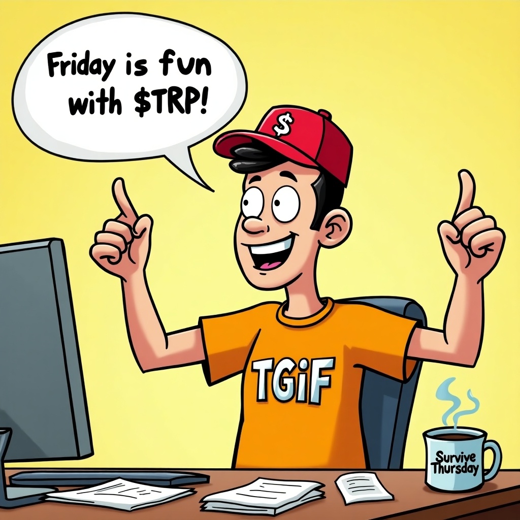 Humorous meme about Friday with a cartoon character celebrating the weekend. Character wears a bright-colored TGIF t-shirt and a red baseball cap labeled $TRP. The background shows an office desk with papers and a coffee mug saying Survive Thursday. Speech bubble states, Friday is fun with $TRP. Lighthearted tone suitable for working professionals.