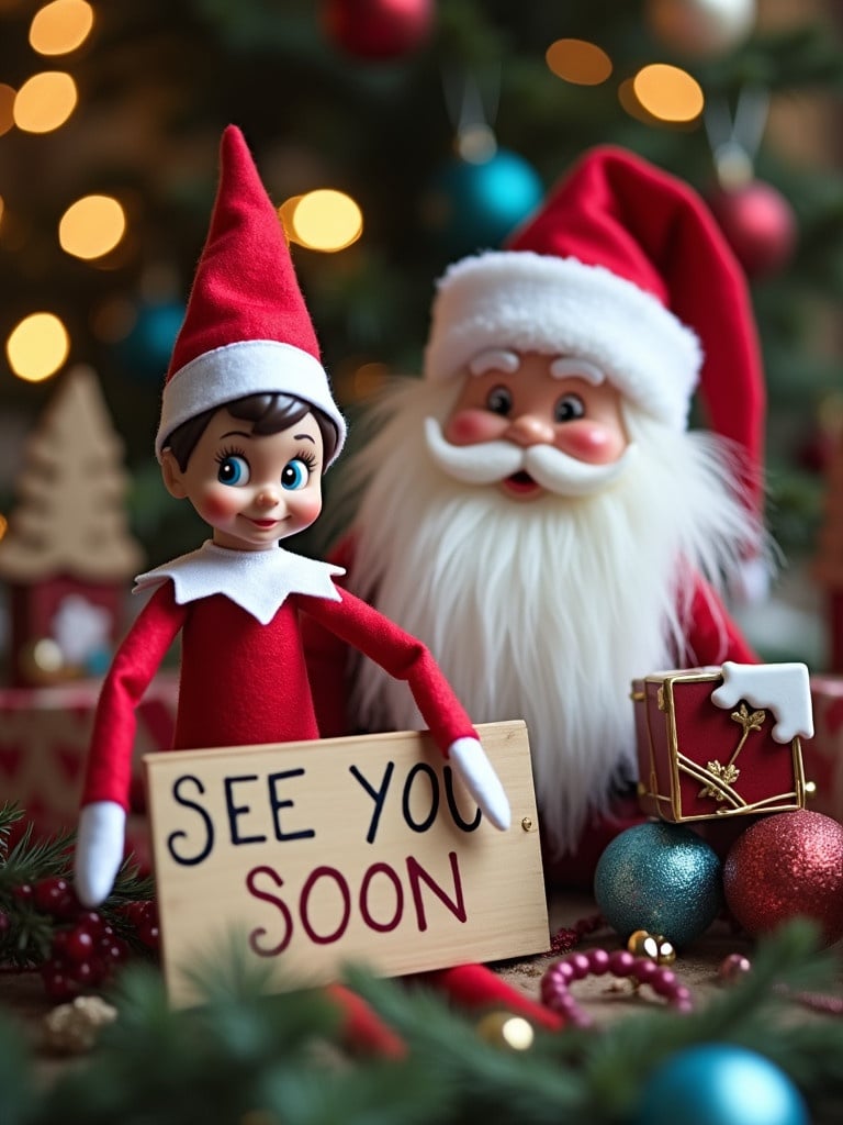 A pink and blue elf on a shelf with Santa. Elf holds a sign saying SEE YOU SOON. Background features holiday decorations. Soft warm lights enhance the festive mood.