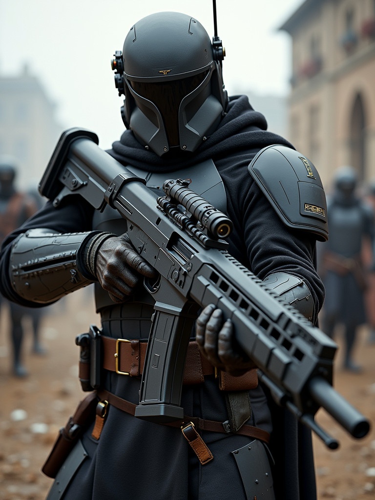 Warrior prepares for battle in a historical epic environment. Image shows futuristic weapon design. Gun combines various firearm elements in non-bullpup layout. Features sharp edges and defined shapes. Highlights tactical application. Unique merge of FN P90 and FN F2000 inspired by cyberpunk style. Black and gray scheme for sleek modern look. Two-dimensional view shows ergonomic weapon design and military quality. Appeals to collectors and enthusiasts.