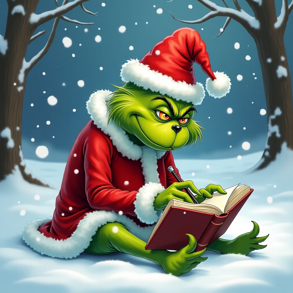 Grinch dressed as Santa sits in the snow writing in a book. Snowy landscape surrounds him with falling snowflakes. Green fur contrasts with his red outfit. Mood combines mischief and holiday cheer.