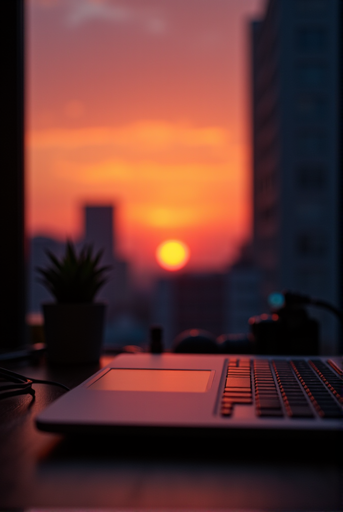 A laptop sits on a desk, reflecting a vibrant orange and red sunset through the window.