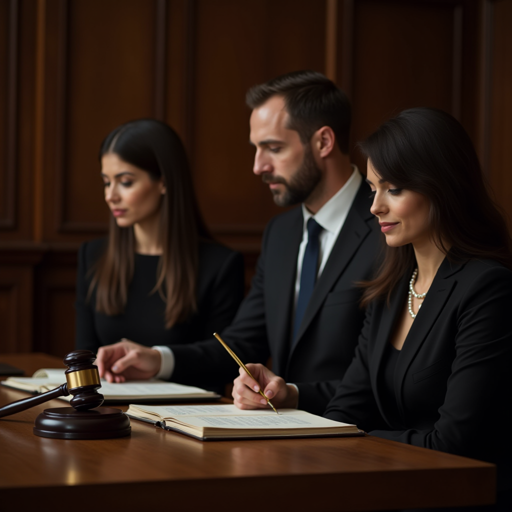 Three professionals in formal attire are seated at a wooden table, focusing intently on legal documents in a courtroom setting.