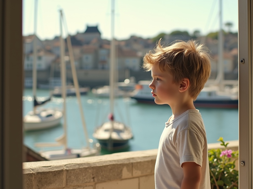 A young boy stands on a balcony. He wears a long T-shirt. The boy has light brown hair. He looks shy and sweet. The background is a sunny harbor in Normandy. The scene is peaceful and quiet.