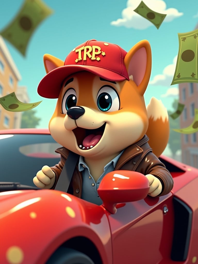 A cartoon Shiba Inu dog is happily driving a shiny Lamborghini. The dog wears a red baseball cap labeled $TRP and a luxurious leather jacket. Dollar bills are falling around him.