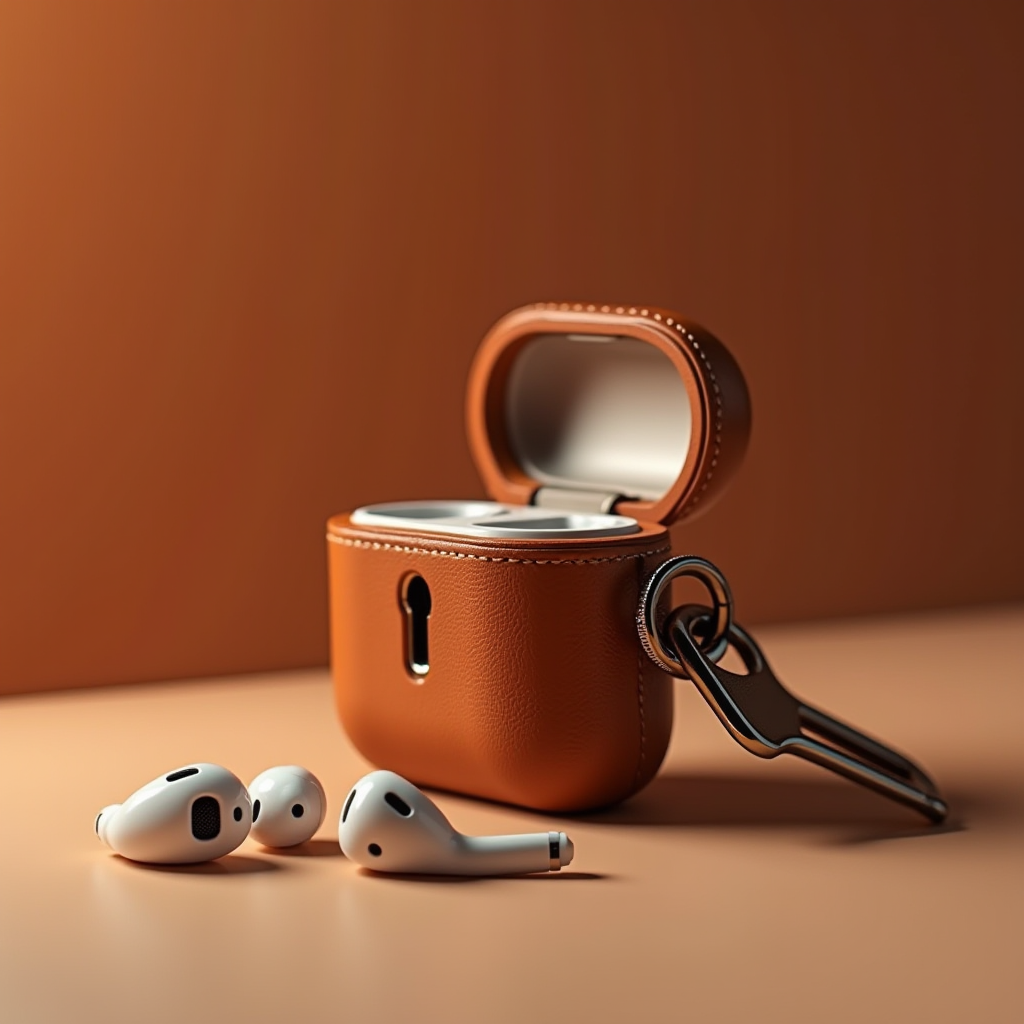 Wireless earbuds with a sleek leather case and attached keychain against a warm backdrop.